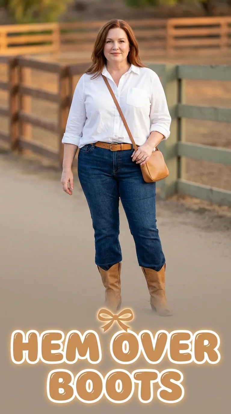 A woman in dark bootcut jeans, a white shirt, and tan western boots standing on a dirt path