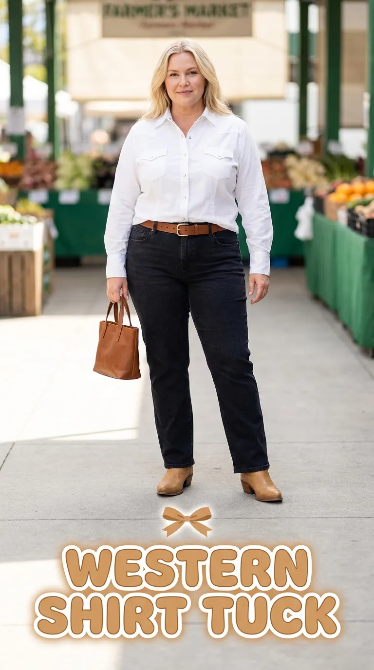 A woman in a half-tucked white pearl-snap shirt, dark jeans, and tan western boots at a farmers market