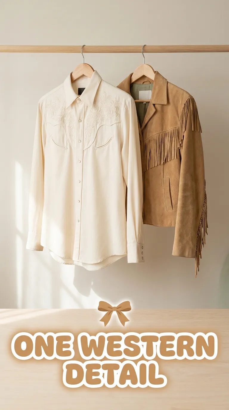 A cream shirt with an embroidered yoke and a tan suede fringe jacket hanging on wooden hangers against a plain wall