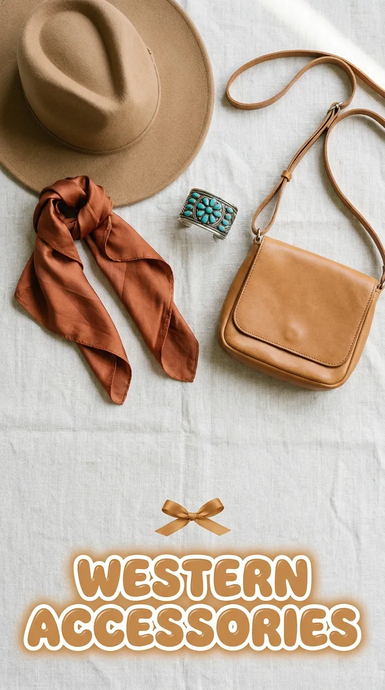 Overhead flat lay of a felt hat, a silk bandana, a turquoise cuff, and a small leather crossbody bag on linen