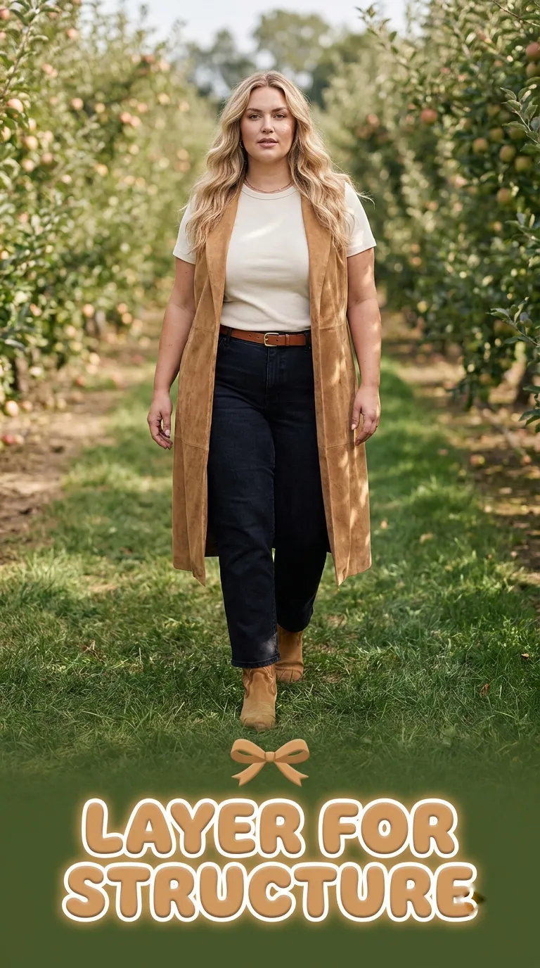 A woman in a long suede vest over a fitted tee, straight-leg jeans, and tan boots on an orchard path