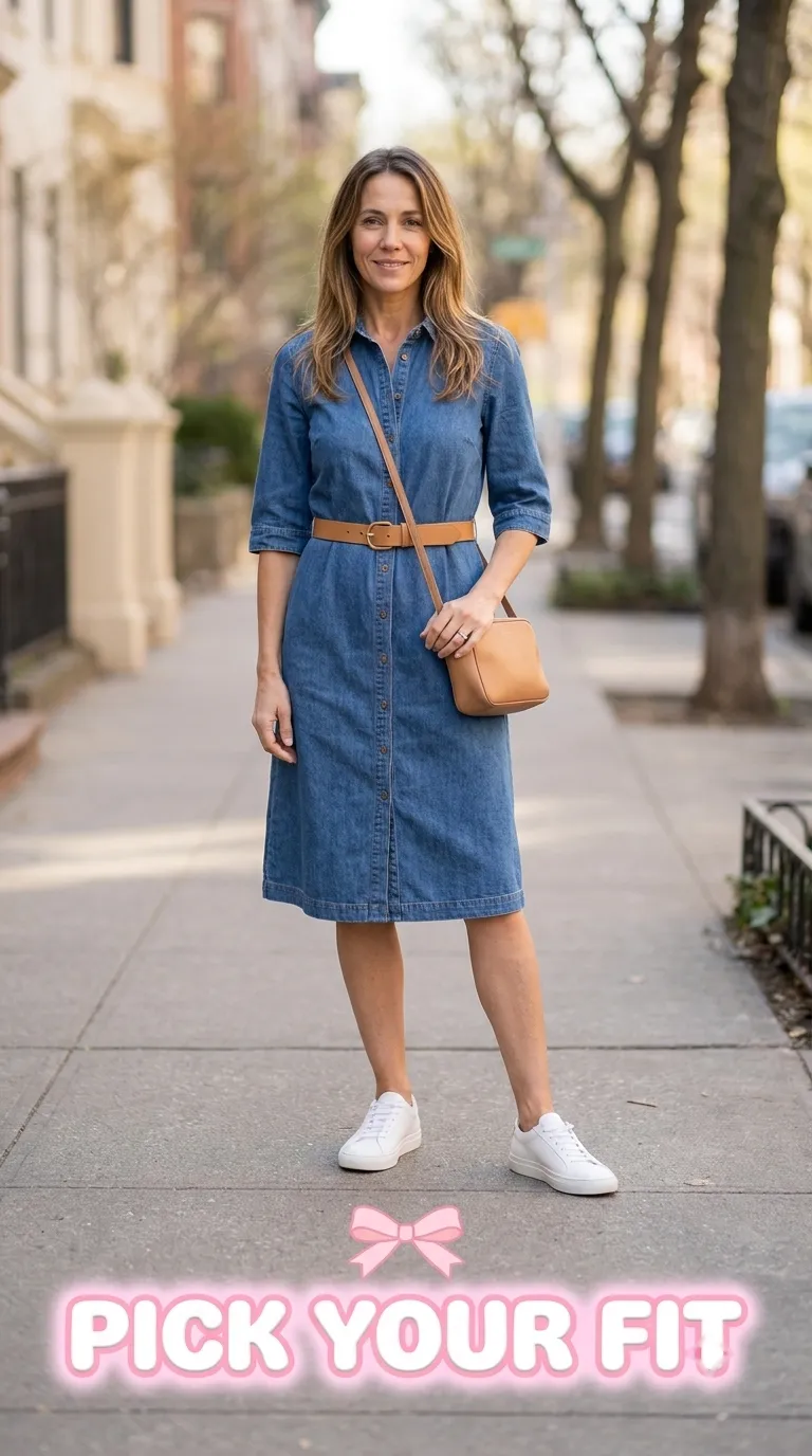 Woman wearing a mid-wash denim shirtdress with a tan belt and white sneakers