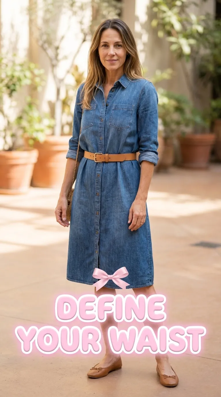 Woman wearing a denim shirtdress with a tan leather belt at the natural waist