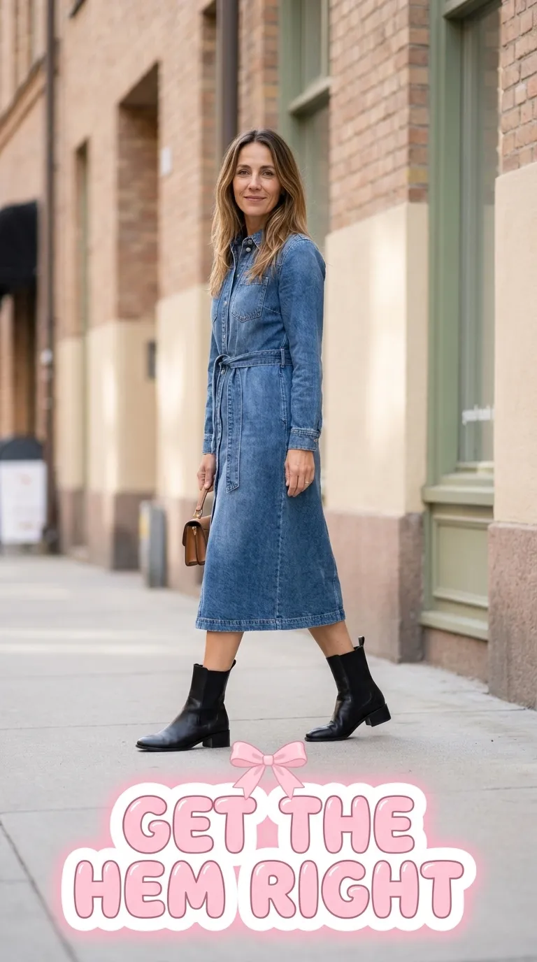 Woman wearing a denim midi dress that ends mid-calf with sleek ankle boots