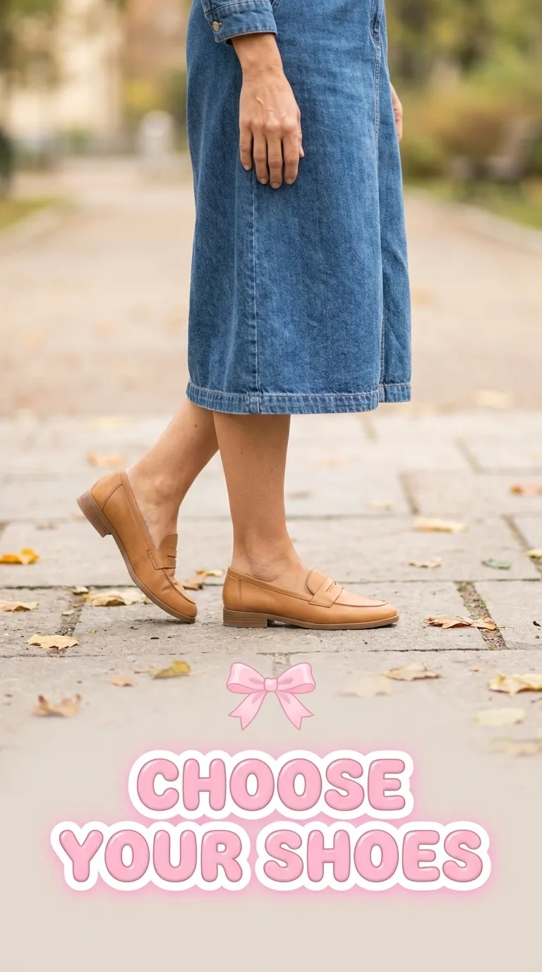 Close-up of a woman's feet in tan leather loafers beneath the hem of a denim dress