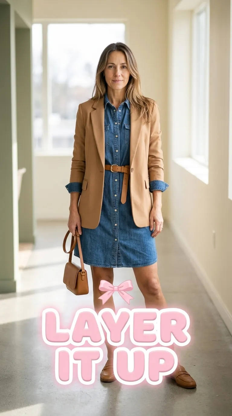 Woman wearing a denim shirtdress with an open camel blazer and tan loafers