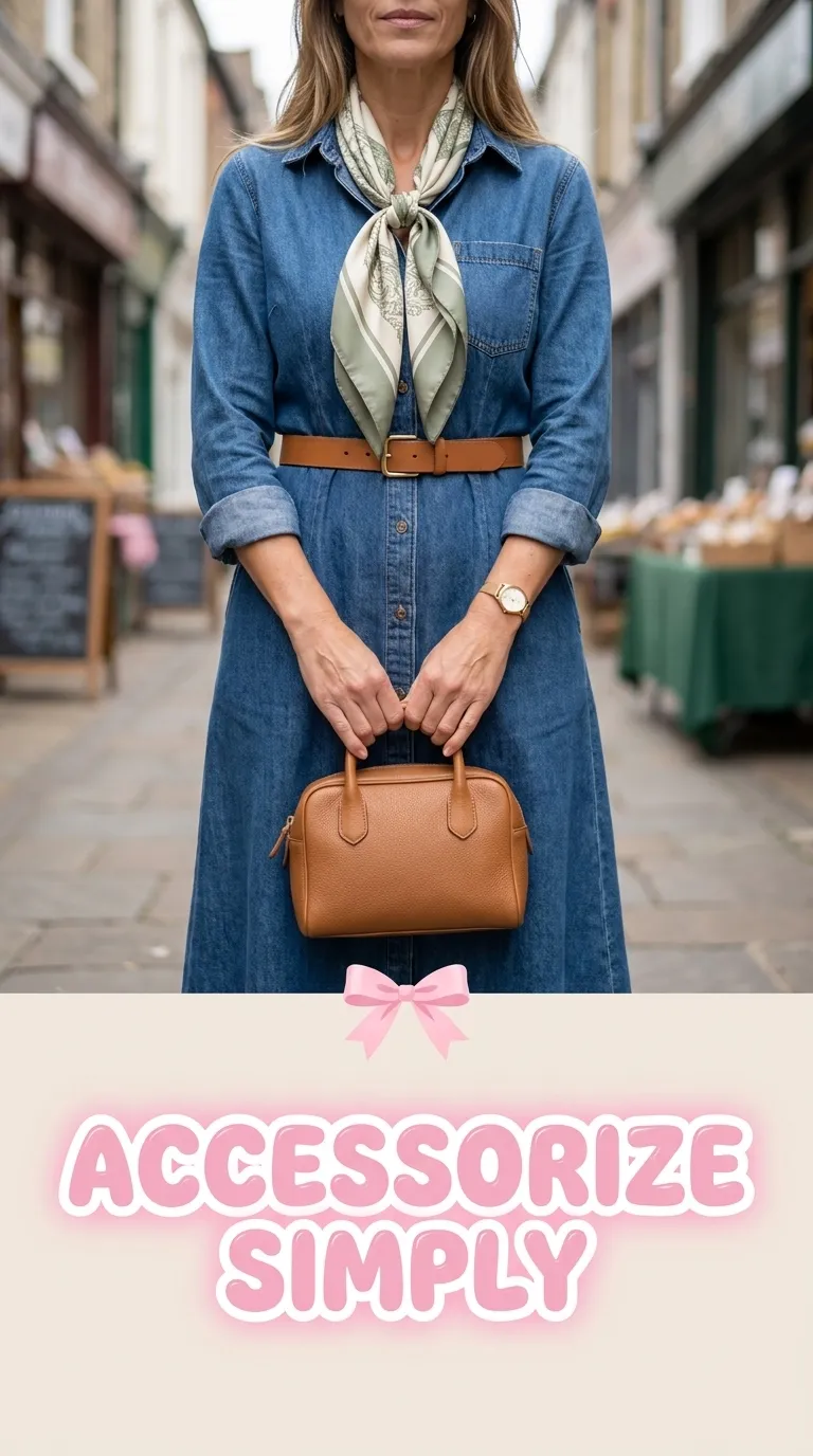 Close-up of a woman's hands holding a small leather bag with a silk scarf at her neck, wearing a denim dress