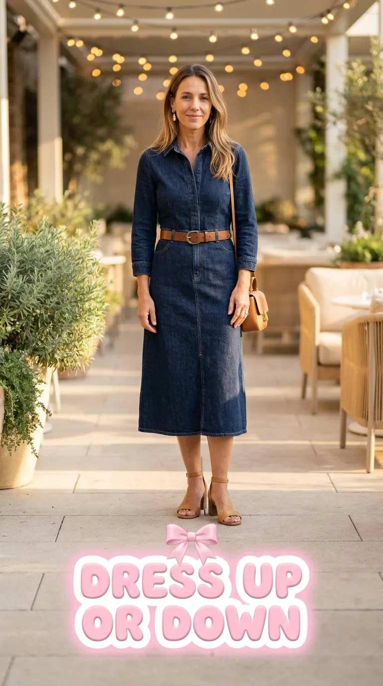 Woman wearing a dark-wash denim dress with block-heel sandals and drop earrings