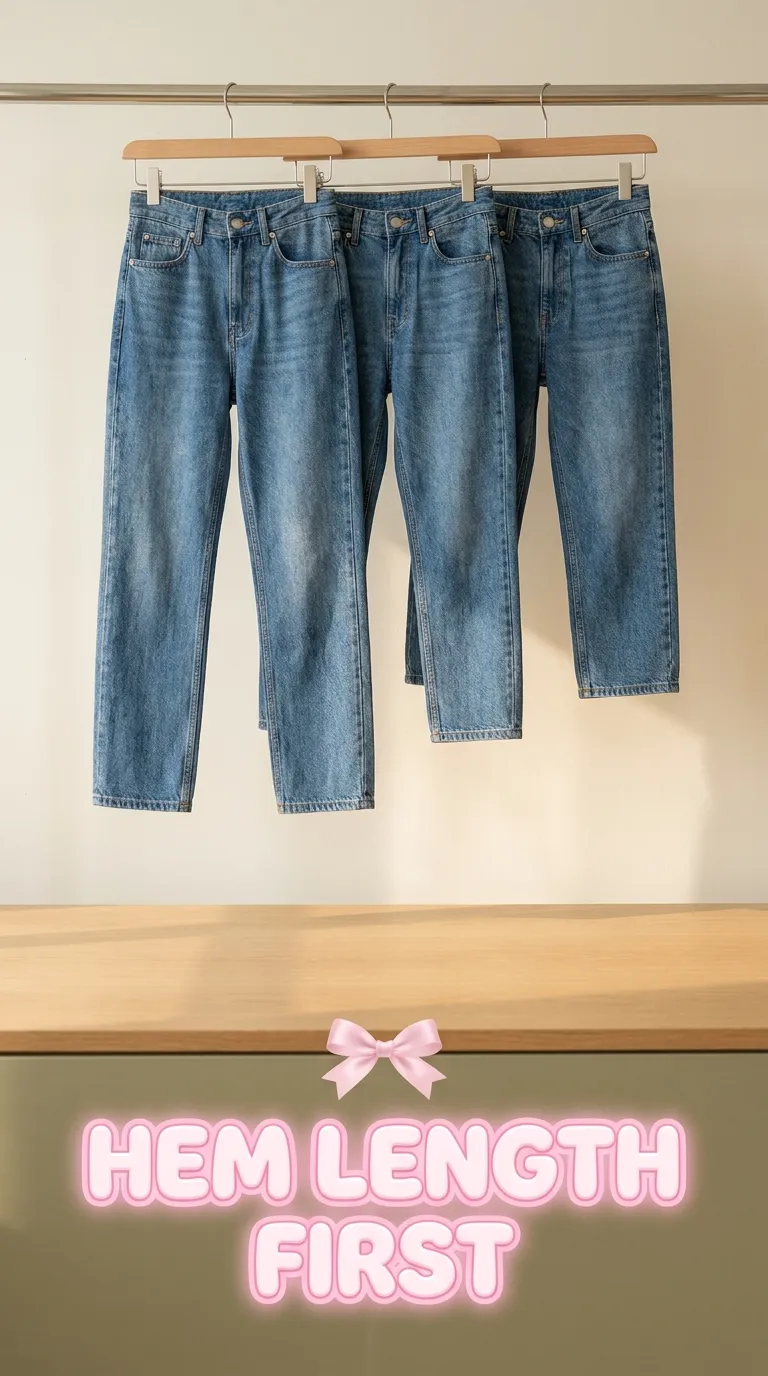 Three pairs of straight jeans hanging at full-length, ankle, and slightly cropped hems