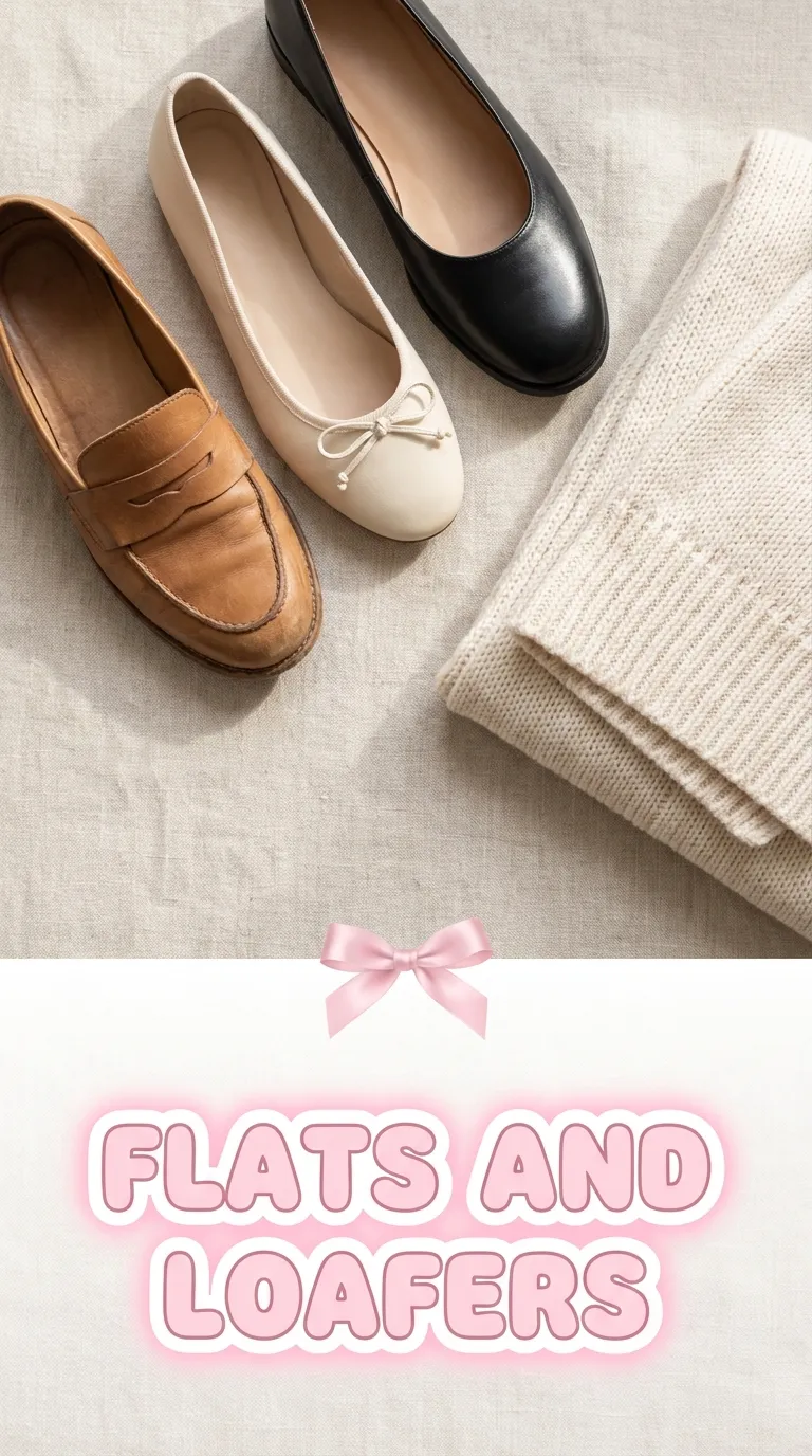 Tan loafer, cream ballet flat, and black flat arranged in an overhead flat lay