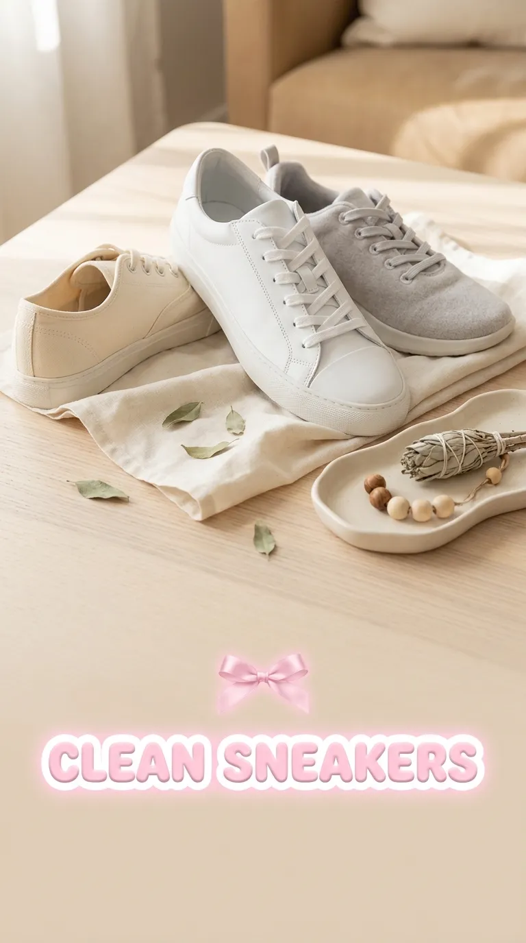 White leather sneaker, cream canvas sneaker, and neutral trainer styled on a pale wood tabletop