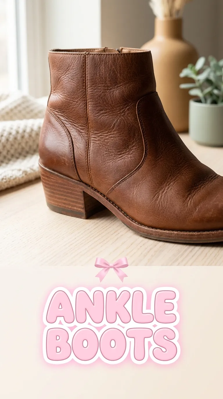 Close-up of ankle boot leather grain and stacked heel from a slightly raised side angle