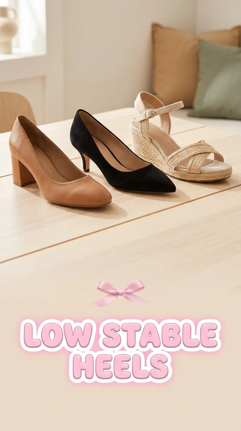 Block heel, kitten heel, and wedge lined up side by side on a pale wood surface