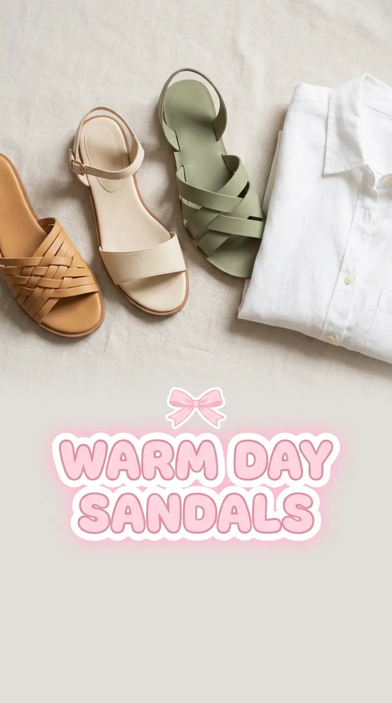 Leather slide, ankle-strap sandal, and flat sandal arranged in an overhead flat lay