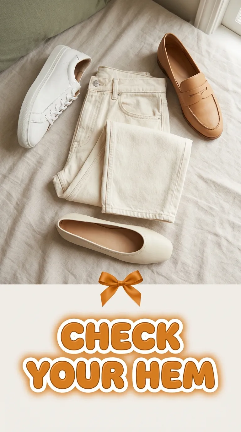 Folded barrel jeans with three shoe options laid out to check the hem