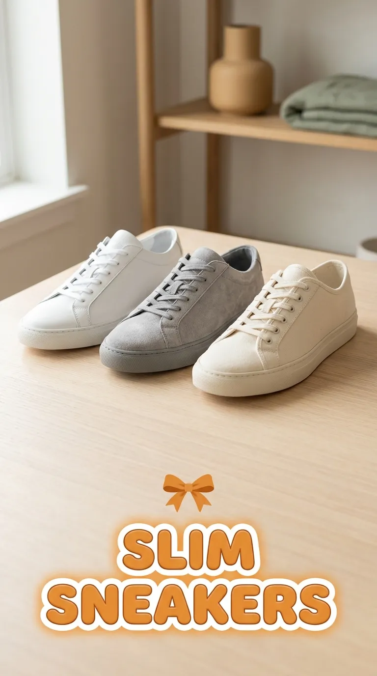 A row of three slim low-top sneakers in white, gray and cream on a pale wood table