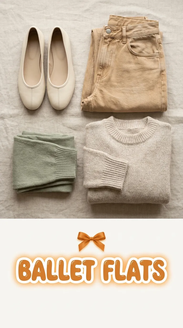 An overhead flat lay of cream ballet flats with folded barrel jeans and a soft knit