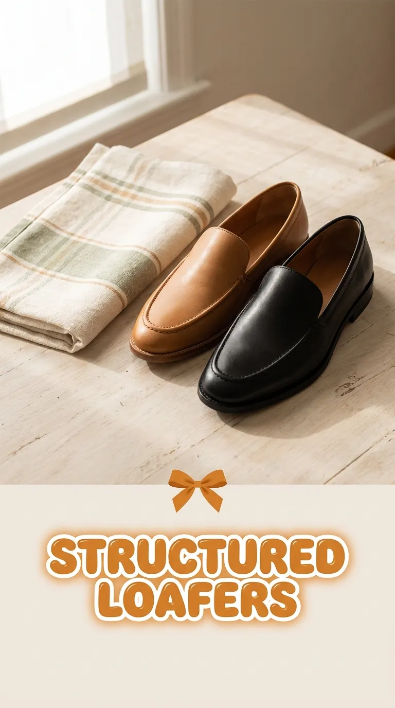 A tan leather loafer and a black loafer on a pale wood table beside a folded cloth