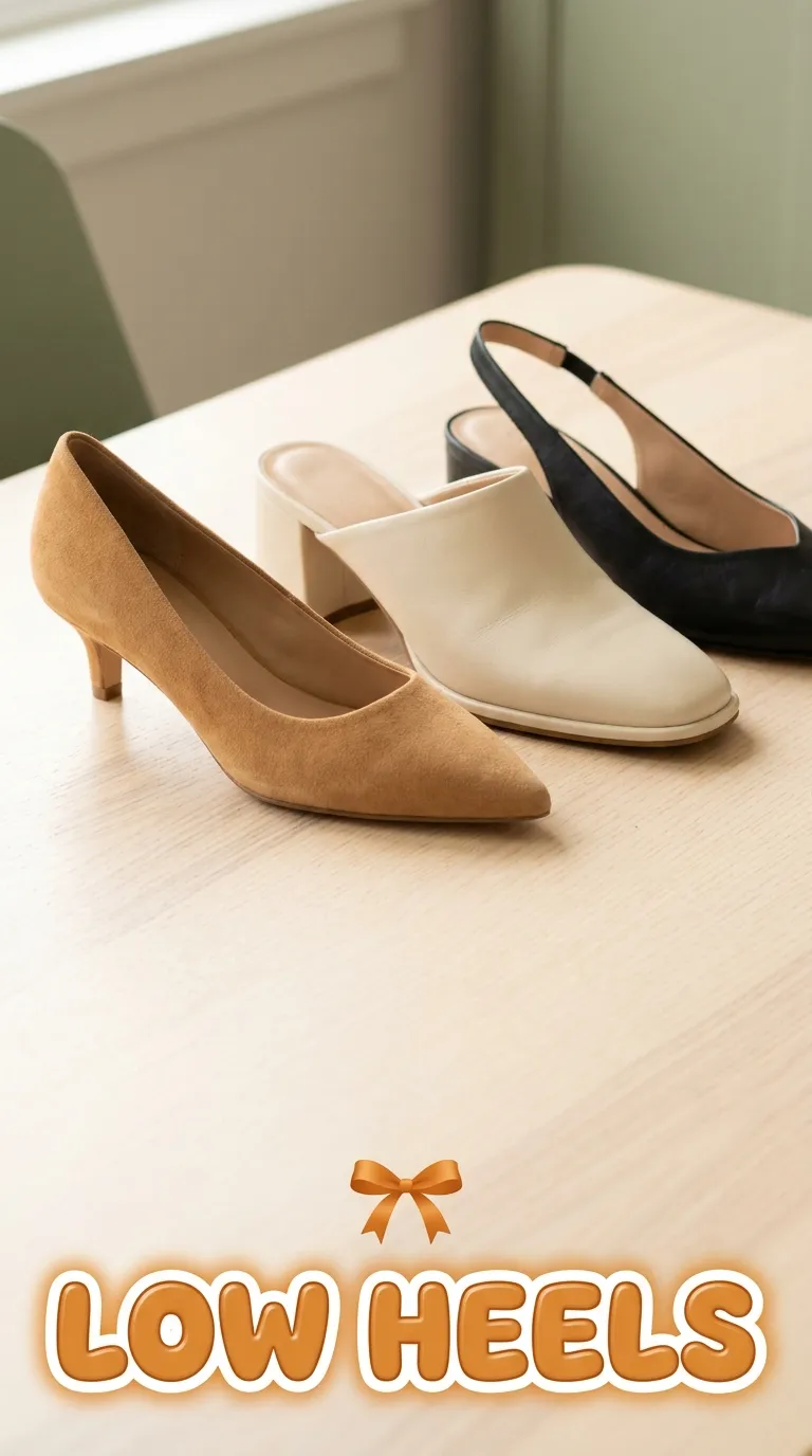 A row of three low-heeled shoes: a kitten heel pump, a block heel mule and a slingback