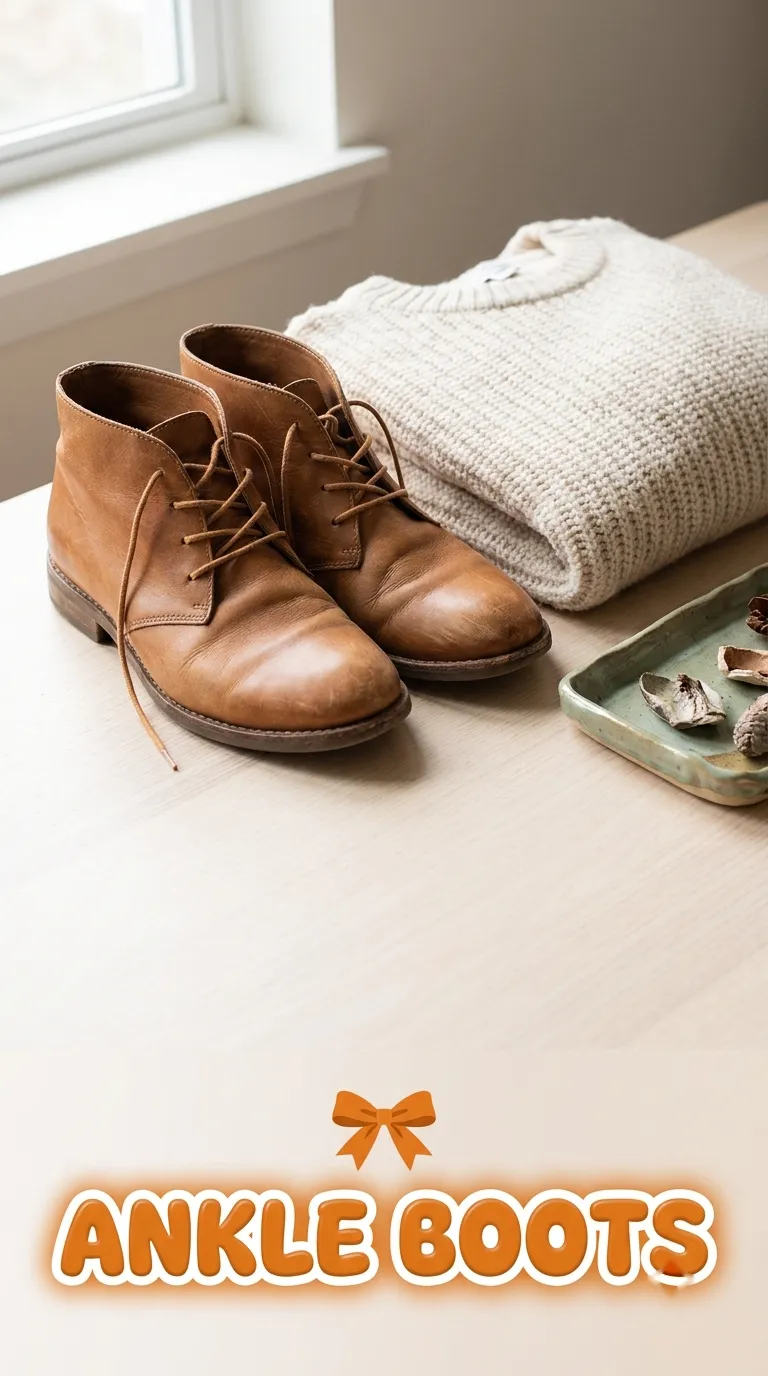 A pair of tan ankle boots beside a folded cream knit on a pale wood table