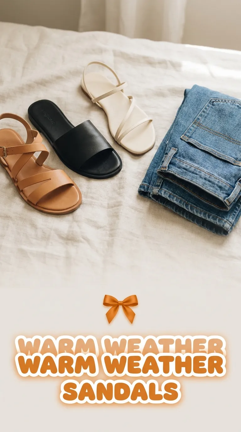 An overhead flat lay of a tan leather sandal, a slide and a thin strap sandal beside folded barrel jeans