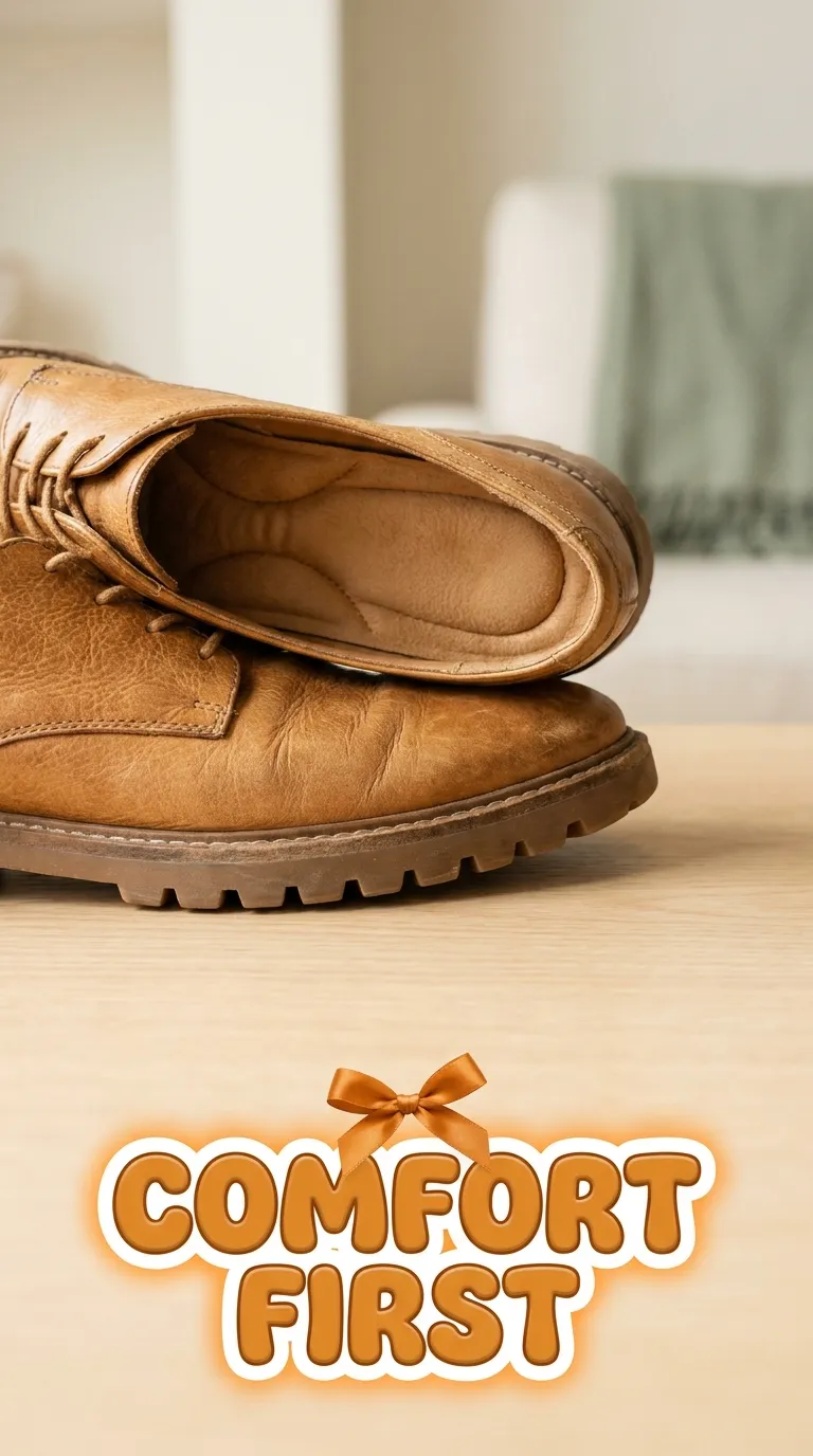 A close-up of a leather shoe's cushioned insole and textured sole on a pale wood table
