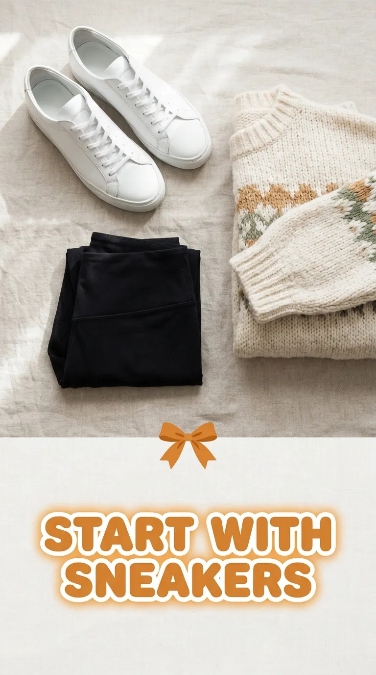 Overhead flat lay of a white leather sneaker, folded black leggings, and a cream knit on a light linen surface