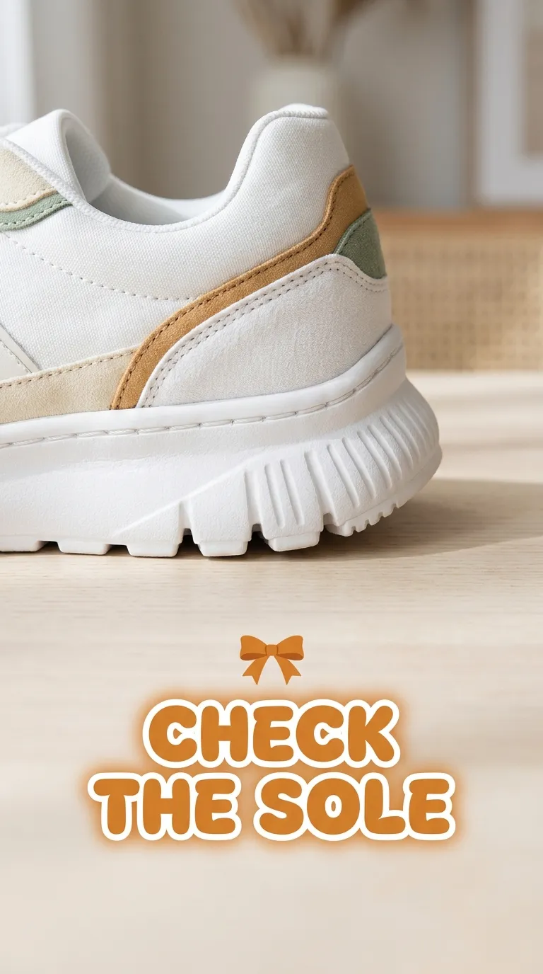 Close-up of a cushioned sneaker sole and heel detail on a pale wood surface