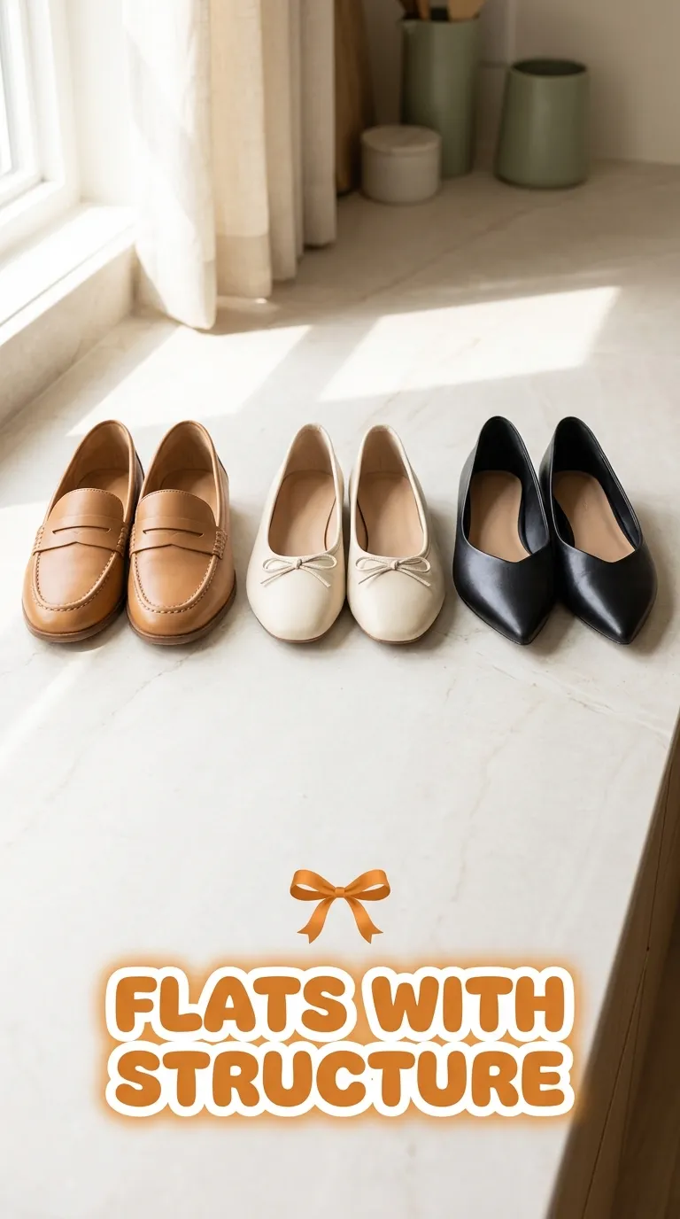 Row of a tan loafer, a cream ballet flat, and a black pointed-toe flat on a light stone countertop