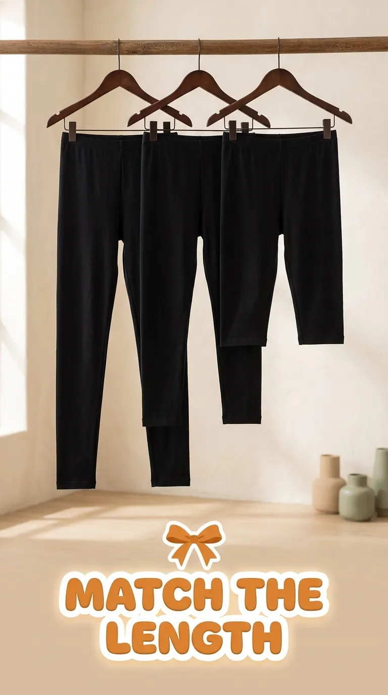 Three pairs of black leggings in full, ankle, and cropped lengths hanging on a wooden rail against a plain wall