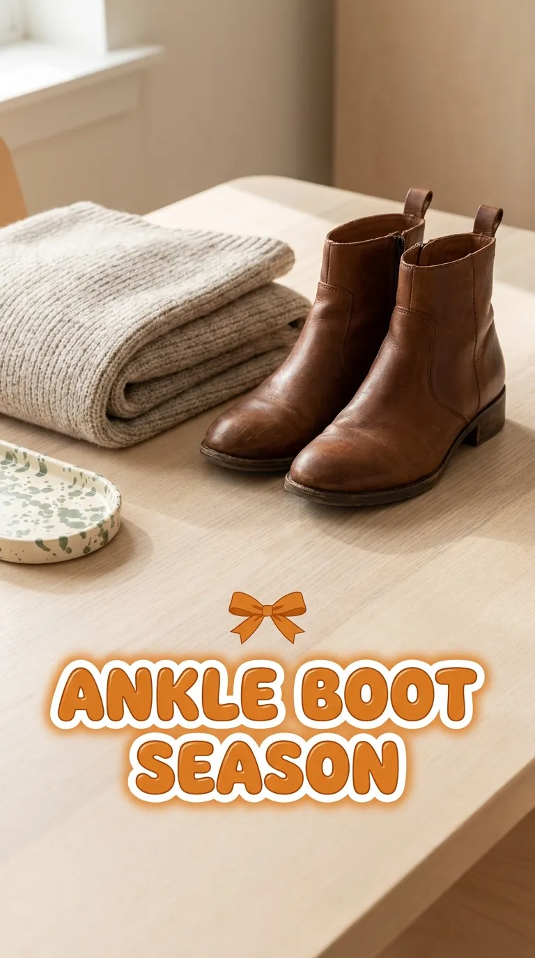 Pair of brown leather ankle boots on a pale wood table with a folded oatmeal scarf and a ceramic tray