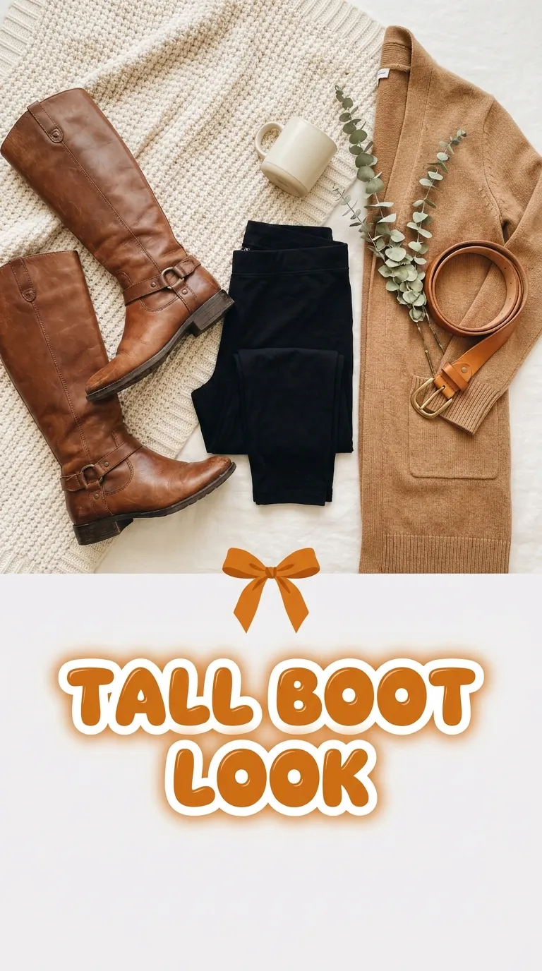 Overhead flat lay of tall brown riding boots, black leggings, a long camel cardigan, and a leather belt on a cream woven blanket