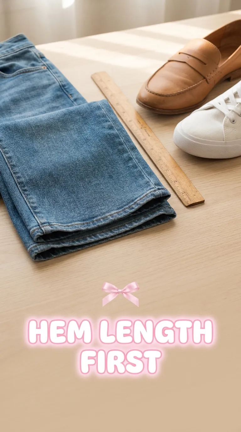 Folded wide-leg jean hem beside a ruler, a loafer and a sneaker on pale wood