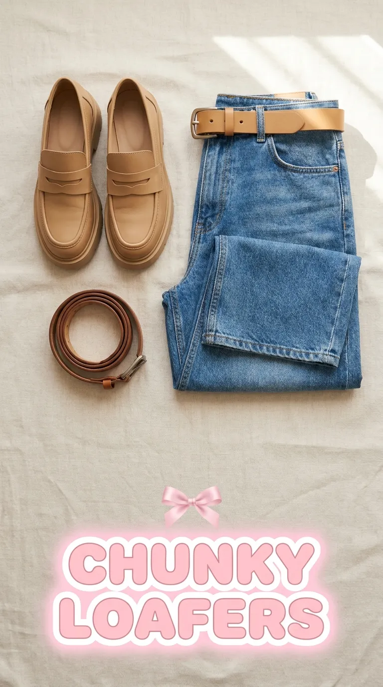 Chunky leather loafers, folded wide-leg jeans and a leather belt on a light linen surface