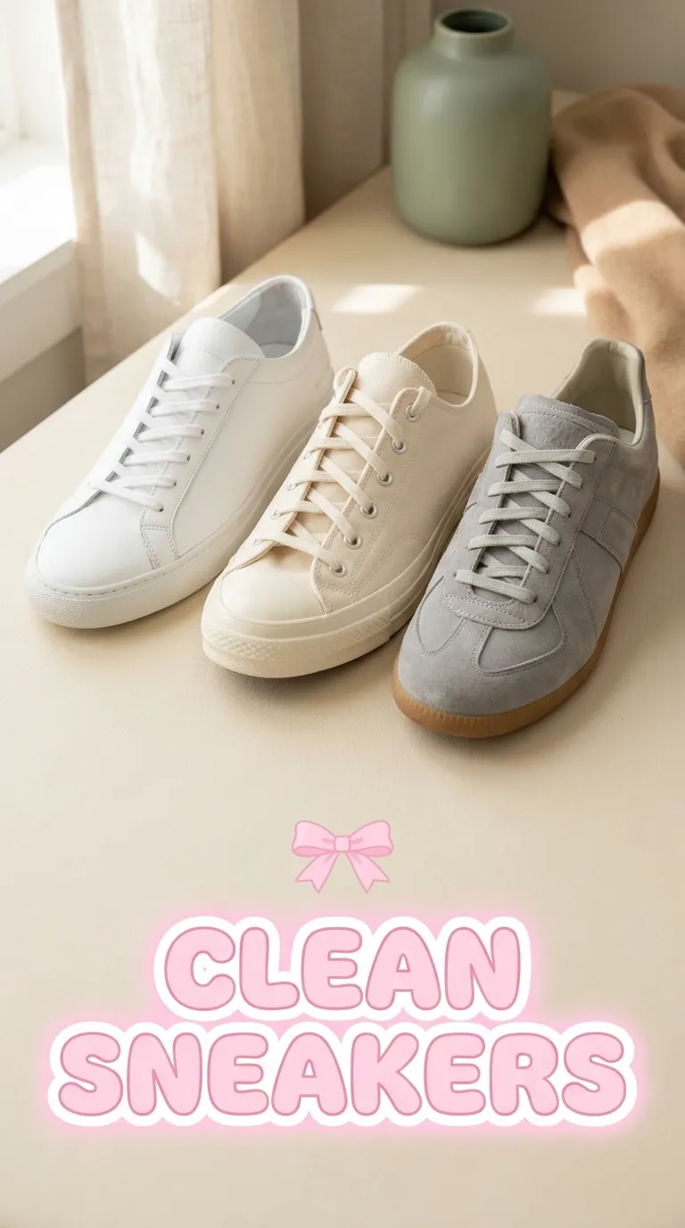 Three clean sneakers in white, cream and gray lined up on a pale surface