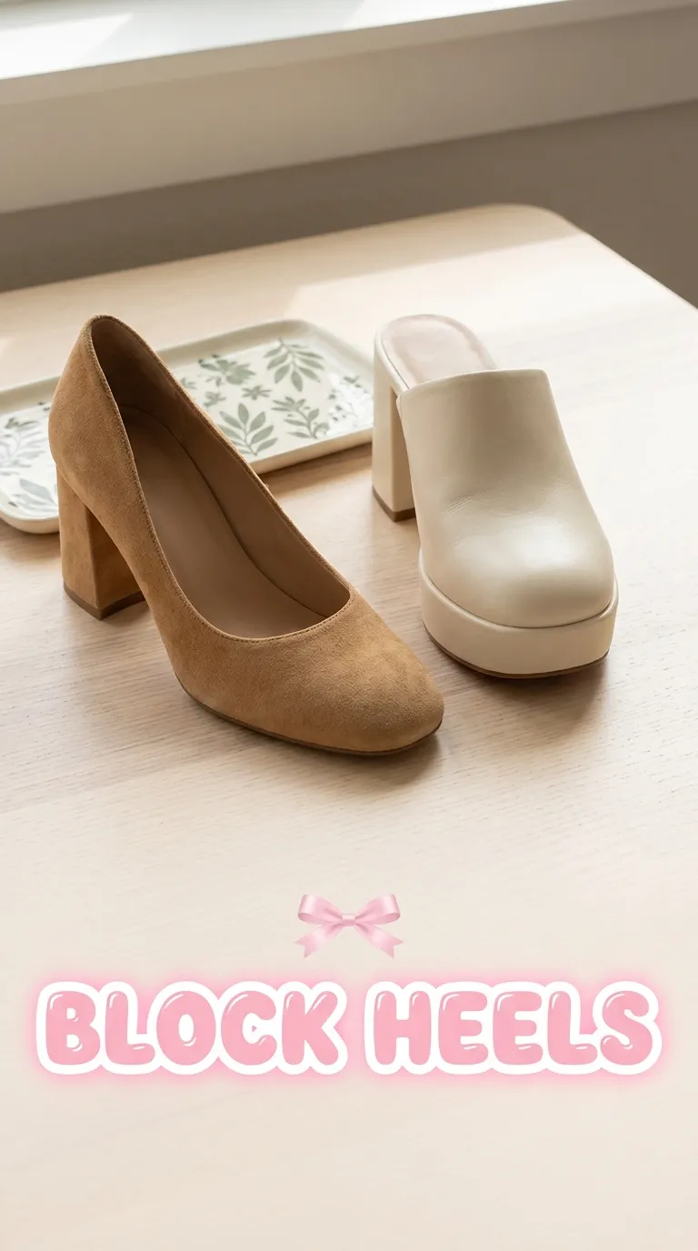 A block-heel pump and a platform mule on pale wood beside a small ceramic tray