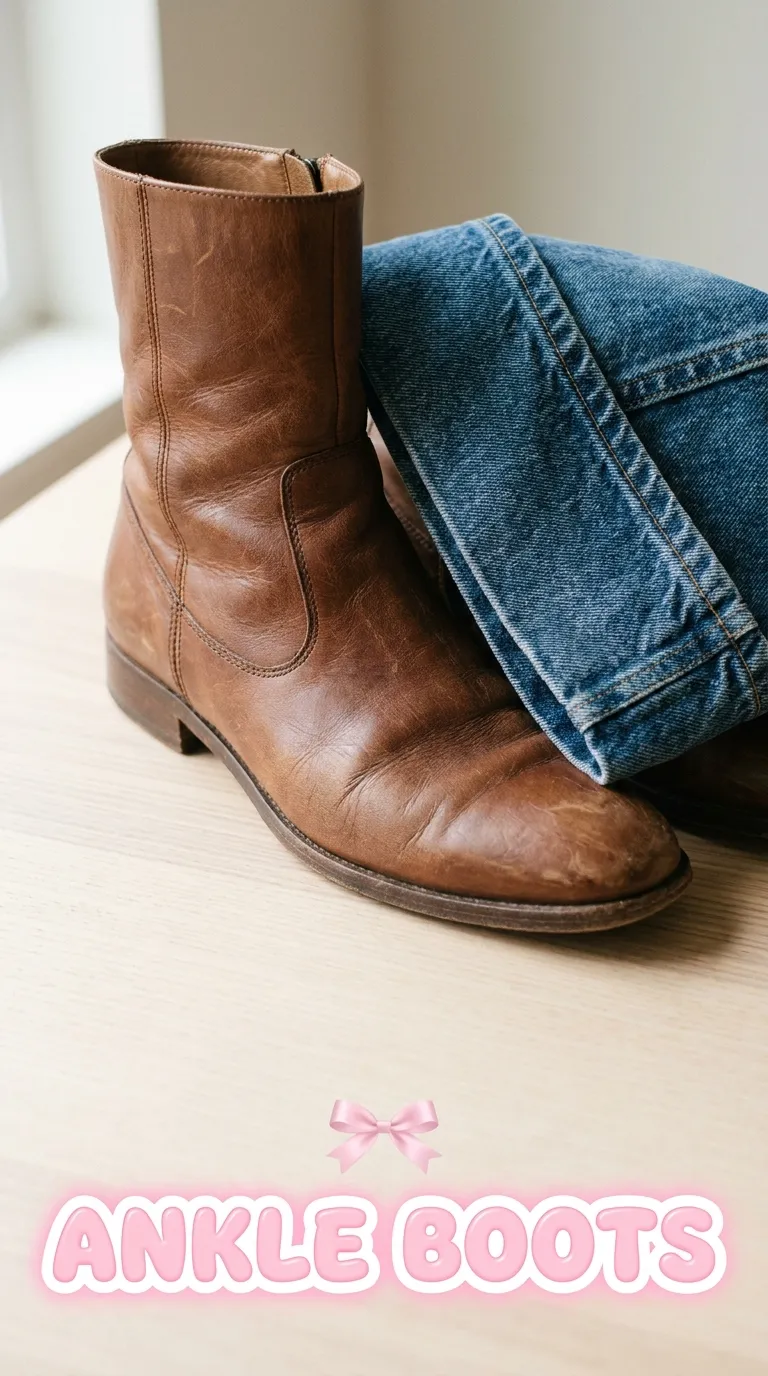 A leather ankle boot beside a wide-leg denim hem, seen from a raised side angle