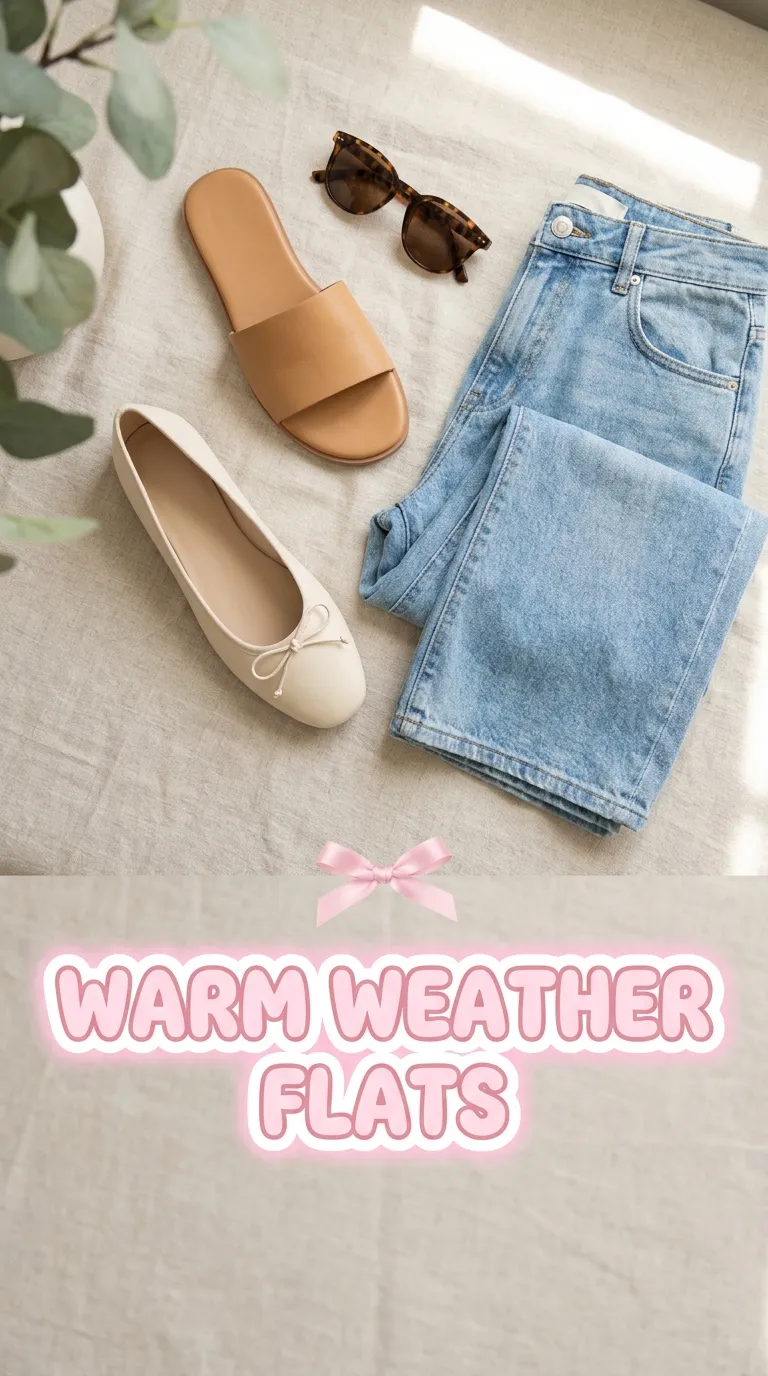 A slide sandal, a ballet flat, folded wide-leg jeans and sunglasses on a light linen surface