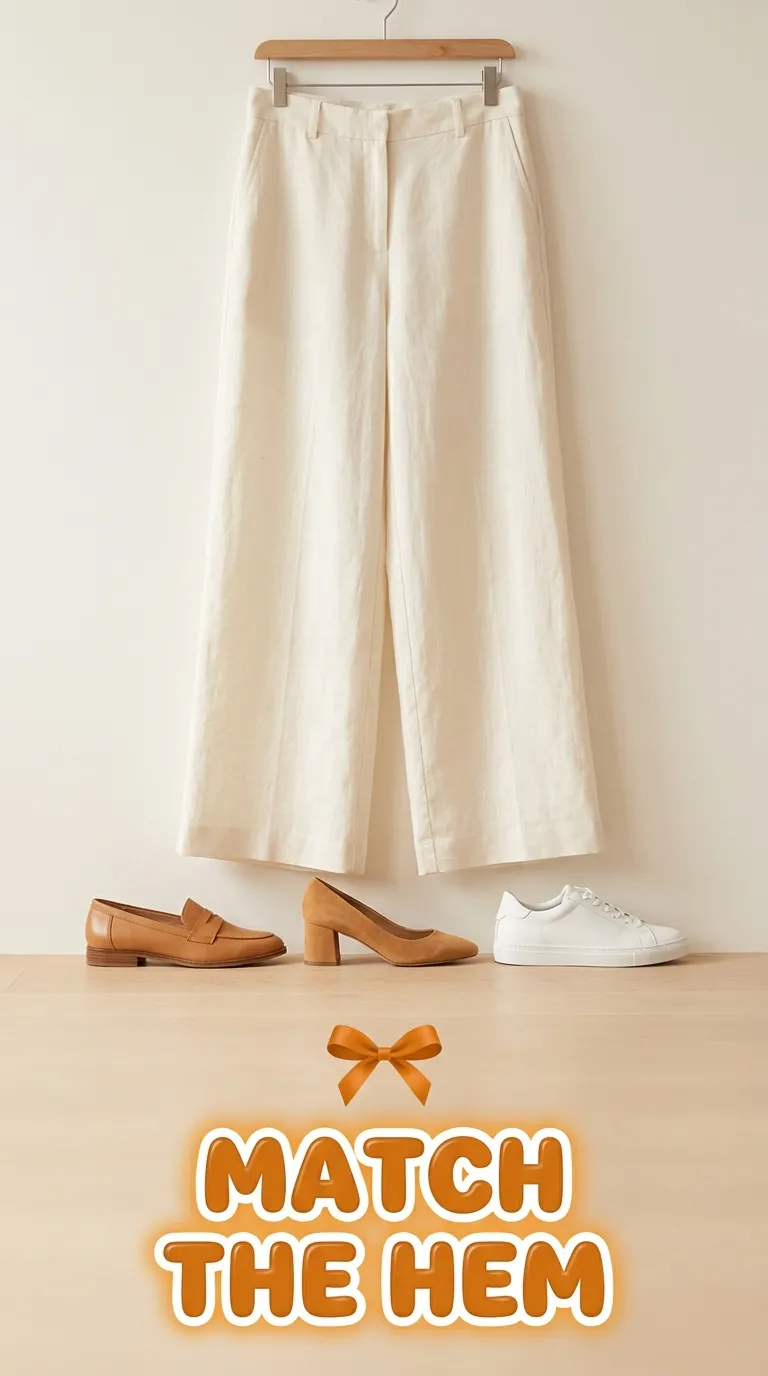 Wide leg pants hem hanging on a wooden hanger above three pairs of shoes