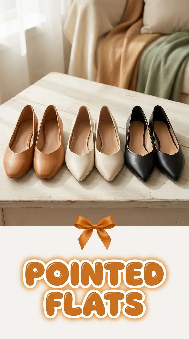 Row of three flats: a tan loafer, a cream ballet flat and a black pointed flat