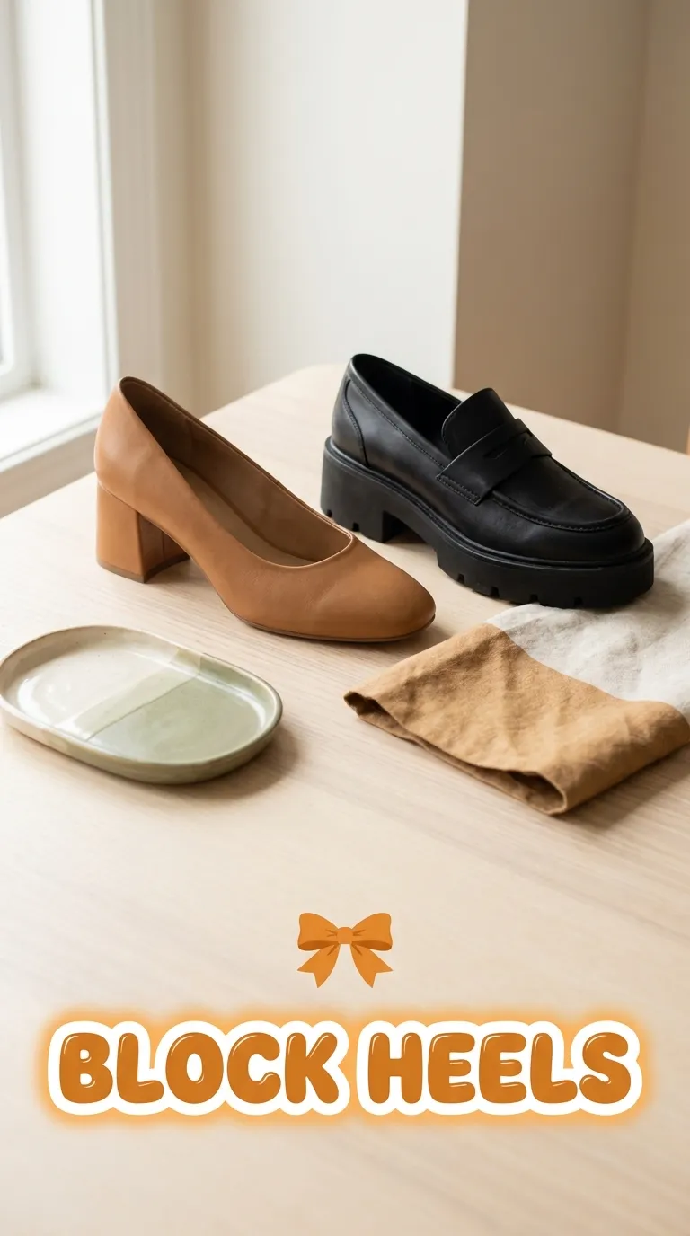 Tabletop still life of a block heel pump and a platform loafer on pale wood