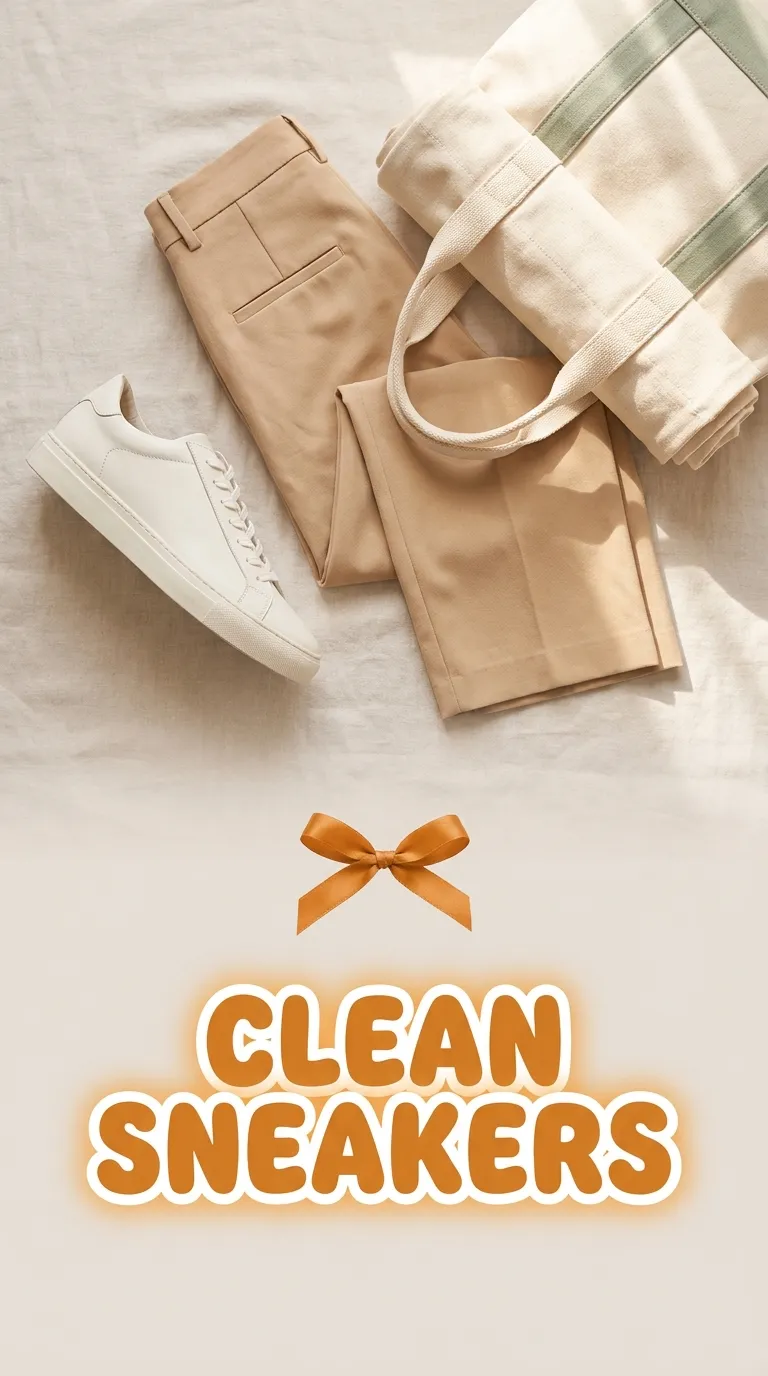 Overhead flat lay of a white leather sneaker, a folded cropped wide leg trouser and a canvas tote
