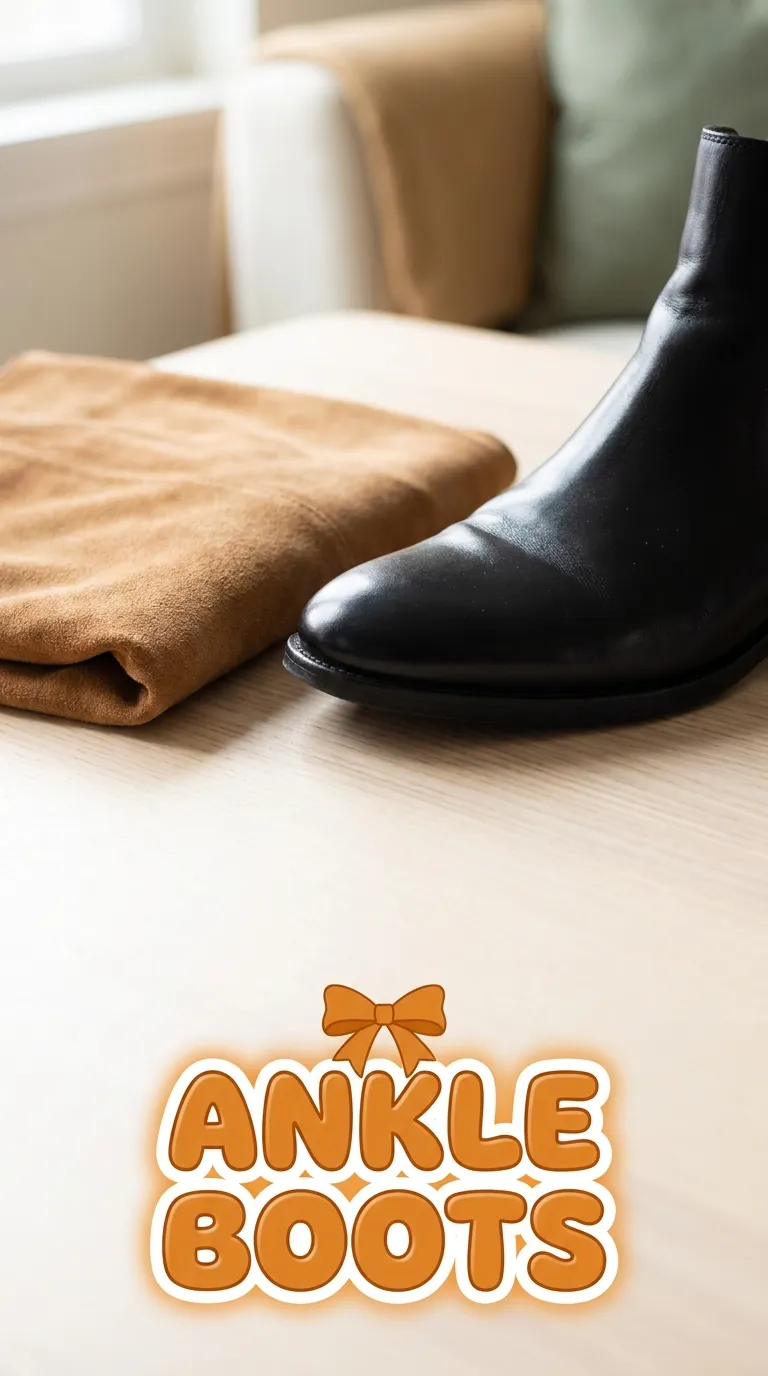 Close-up of a smooth leather ankle boot toe and a suede texture swatch