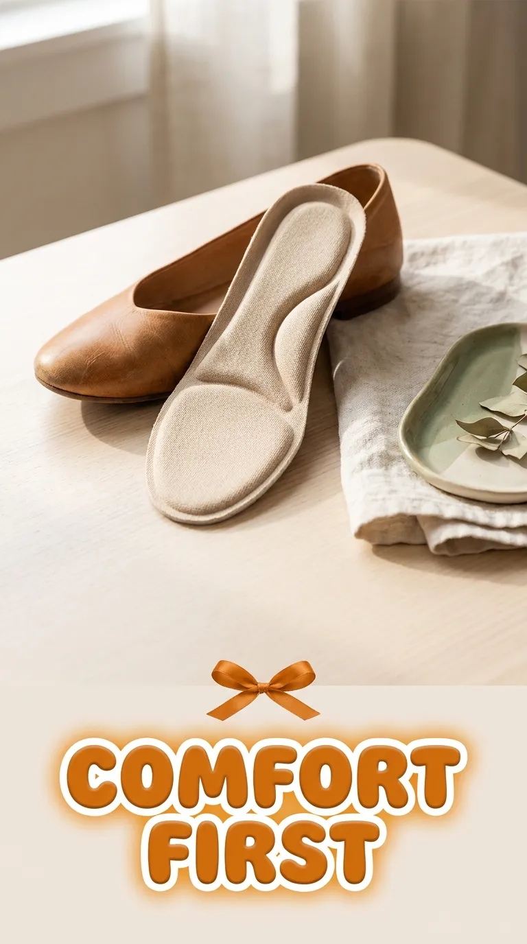 Tabletop still life of a cushioned insole, a flat shoe and a folded cloth on pale wood