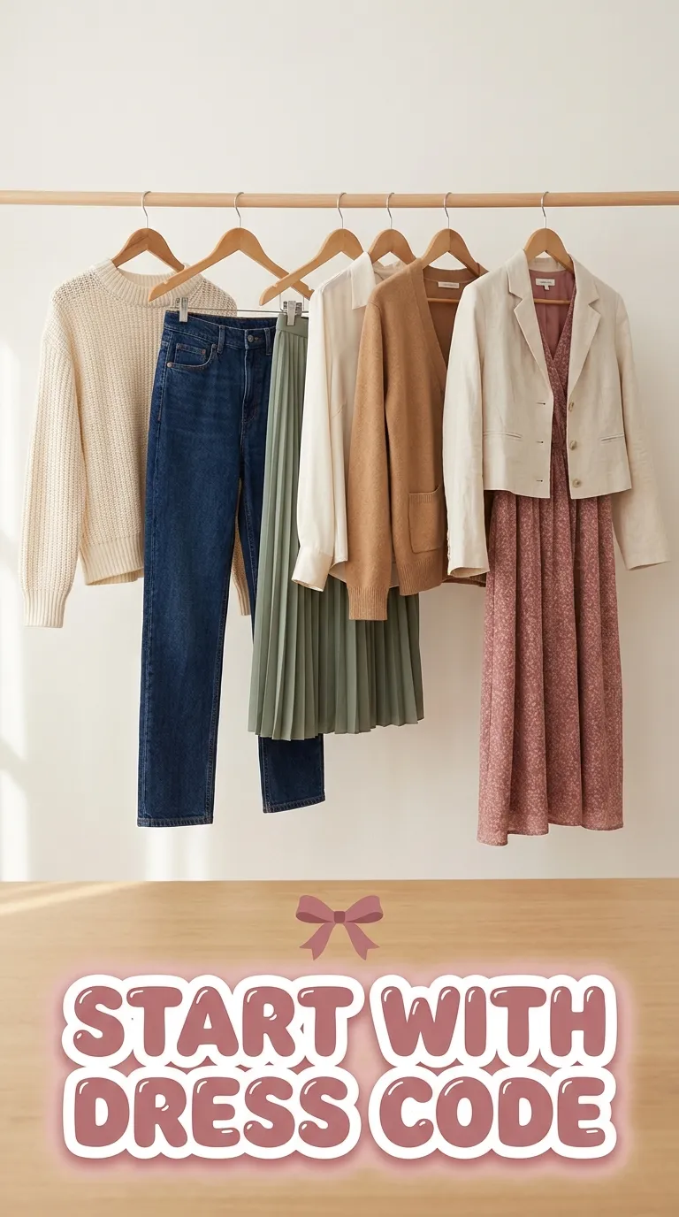 Three church outfits hanging on a wooden rail, from casual to dressy
