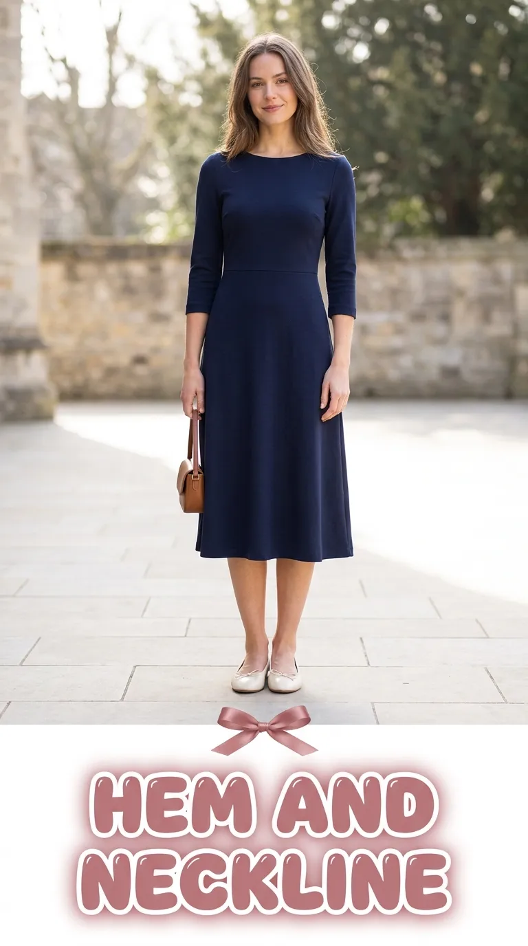 Woman in a navy midi dress with three-quarter sleeves and a modest neckline, standing in a church courtyard
