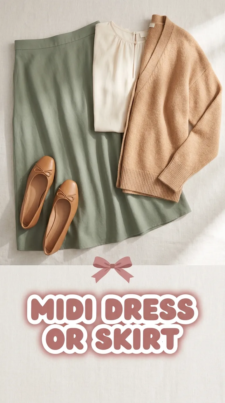 Overhead flat lay of a midi skirt, cream blouse, soft cardigan, and flats on a linen surface