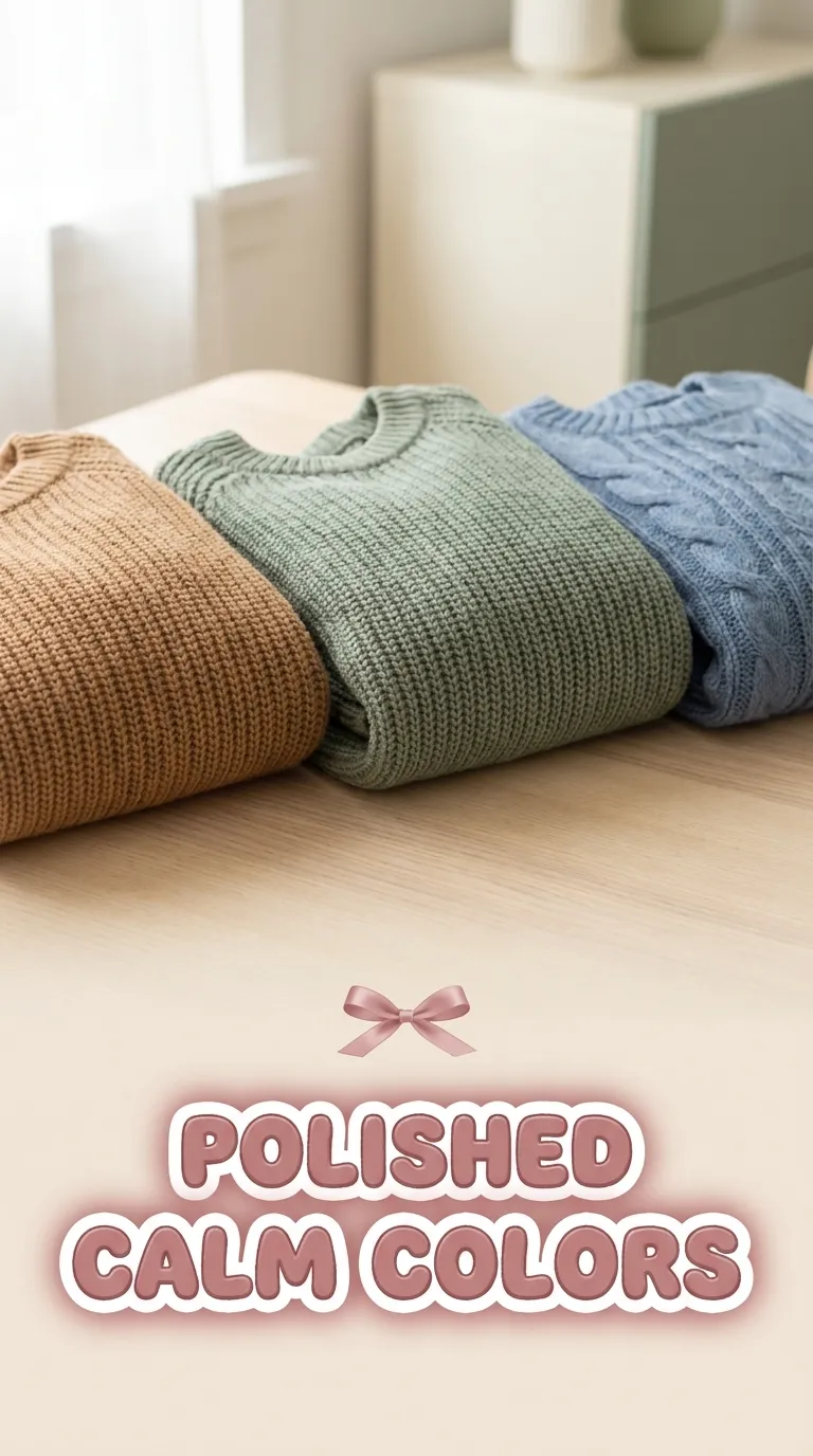 Three folded knit sweaters in camel, sage green, and dusty blue lined up side by side on a wooden table