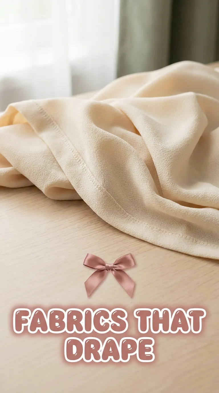 Close-up of a soft crepe fabric weave beside a clean stitched seam on a pale wooden surface