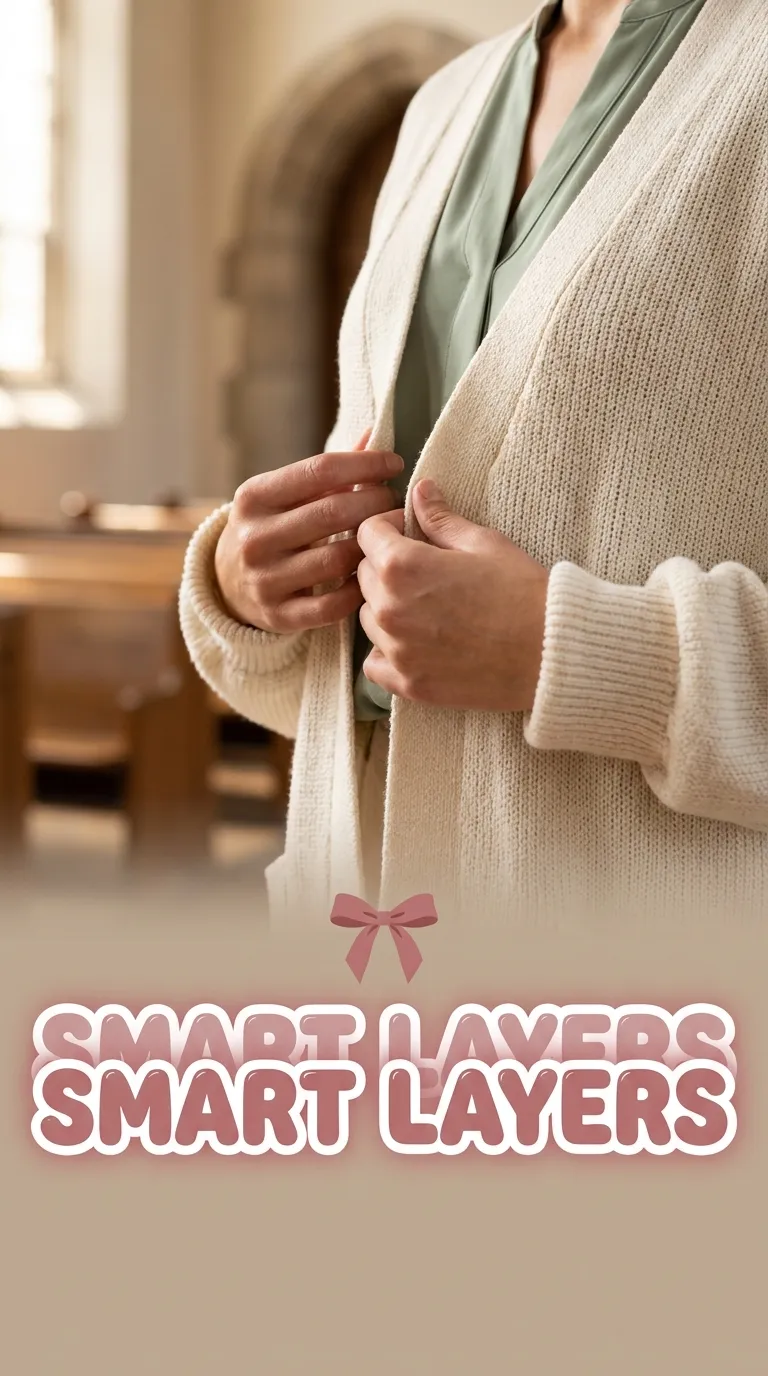 Close-up of hands adjusting an open cream cardigan over a sage green blouse